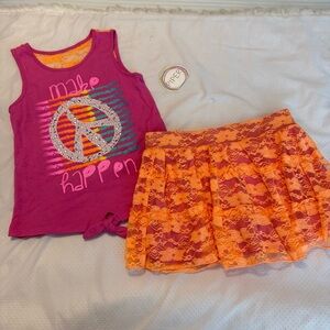 New w/ Flaws Girls Size 6/6x Outfit Make Peace Happen Top and Skort Pink Orange